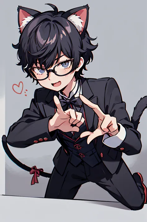 1 boy, male, smug face, cat ears, cat tail, ren amamiya, glasses, confident, dynamic pose, (masterpiece), best quality, expressi...