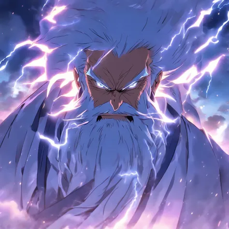 An old man，long  white hair，White beard，Face full of wrinkles，A fierce-eyed，Grinning，White robe，Sword in hand，The sword qi stretches across thousands of miles，Pounce forward，on the sky，Offensive posture，The background is night，Lightning surrounds，tmasterpi...