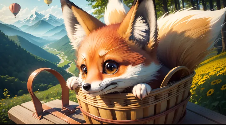 face view of a cute fox inside a basket strapped into a air yellow balloon, flying over the green forest, close-up, Pixar movie style, big eyes, bright eyes, pretty eyes, smiling, amazing sky, Day Light, high quality, back to lens, mountains on the horizon