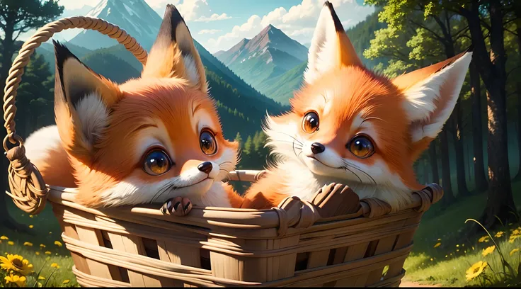 face view of a cute fox inside a basket strapped into a air yellow balloon, flying over the green forest, close-up, Pixar movie style, big eyes, bright eyes, pretty eyes, smiling, amazing sky, Day Light, high quality, back to lens, mountains on the horizon