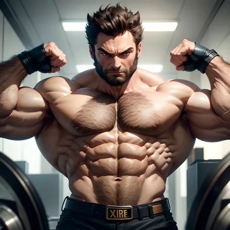 Wolverine muscled very hairy with huge torso , huge pecs , huge arms ,  as businessman, full body