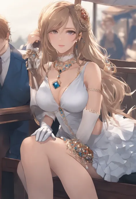 ((Best Quality)), ((masutepiece)), ((1girl in)), Solo, ferry, ((Long hair)), Ferry Base, ((thighs thighs thighs thighs)), Bare shoulders, ((Jewelry)), ((Sleeveless)), White Dress, Blue skirt, ((gloves)), thigh highs,