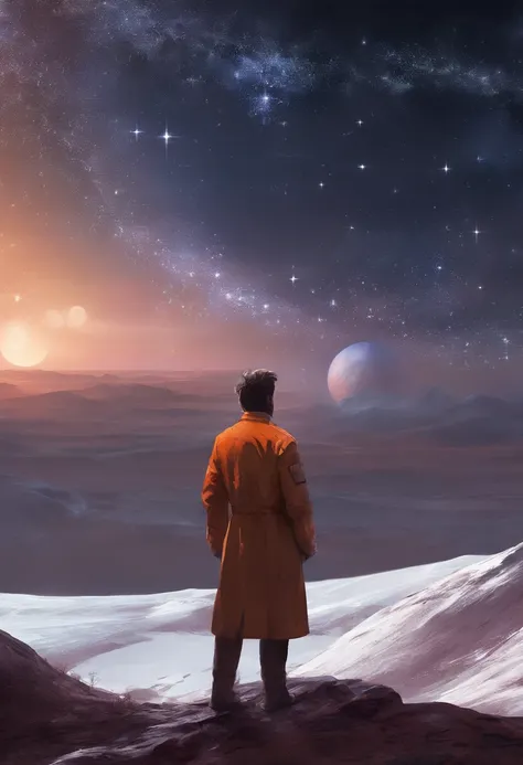 A scientist in a scientific coat turned his back to us，looking at the stars