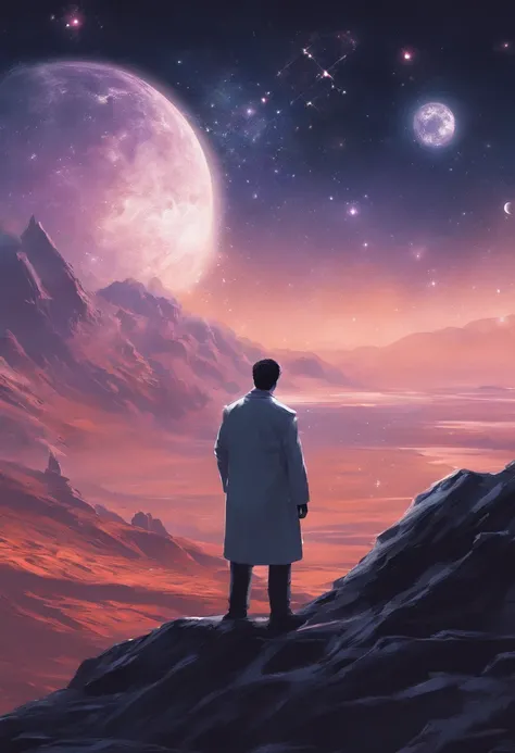 A scientist in a scientific coat turned his back to us，looking at the stars