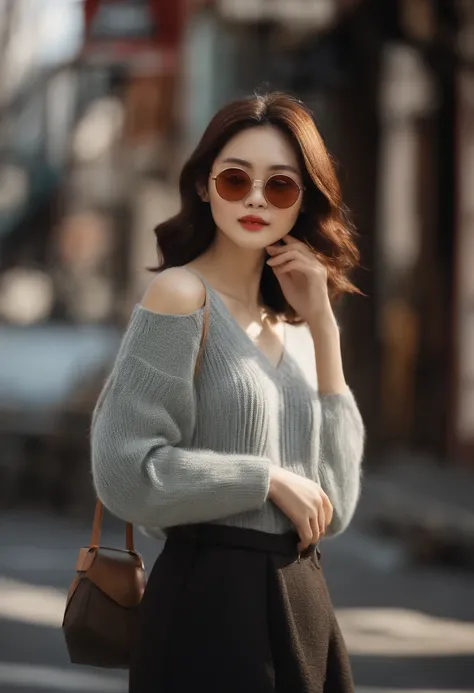 realistic、japanes、Semi-long、with round face、Boston-shaped glasses、knitwear with open shoulders,、Portrait style