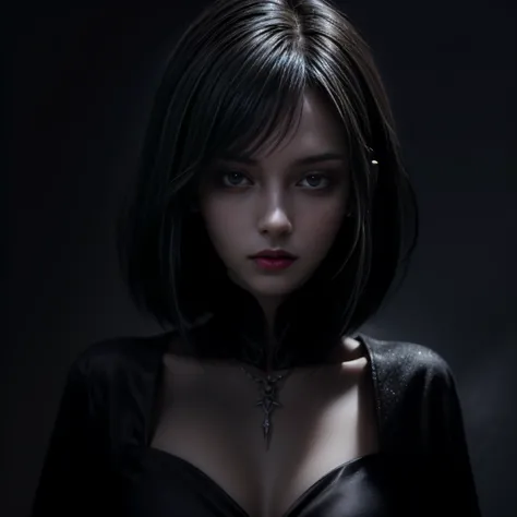 (High quality: 1.3), cinematic shot, masterpiece, (sharp focus: 1.5), (photorealistic: 1.3), medium portrait of (a beautiful young vampire woman, pale skin, gothic, still proud and fierce, straight black short bob hair, dark look, dressed in a highly detai...