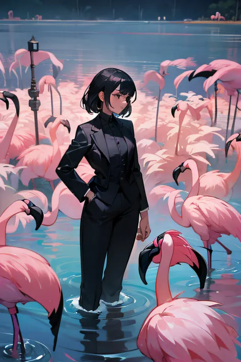 woman in a black pantsuit stands in the water surronded by ((flamingos))