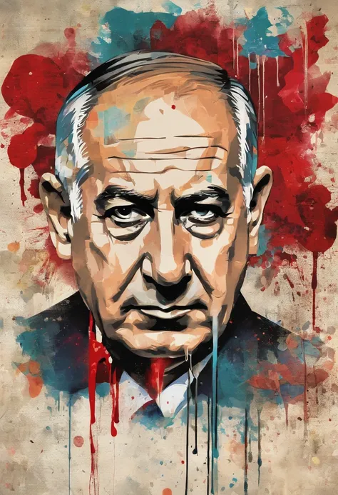 An image of Israeli leader Netanyahu dripping blood from his head and face, his clothes full of blood, his face distraught and furious