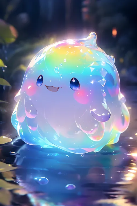 ( cute water slime, colorful slime, shiny and squishy, slime texture, transparent slime, glittery slime, iridescent colors, vibrant rainbow colors, sparkly and magical, soft and stretchy, squishy and bouncy, playful and fun, in a clear glass jar, with floa...