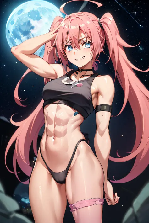 ((female)), (very messy hair), pigtails, (happy smile), Fangs, ((ripped abs)), toned arms and legs, medium breasts, Excessive sweat, (on the moon with starry sky and showing the planet earth), bright blue eyes, ((pink hair)), barefoot, ((standing)), (((fac...