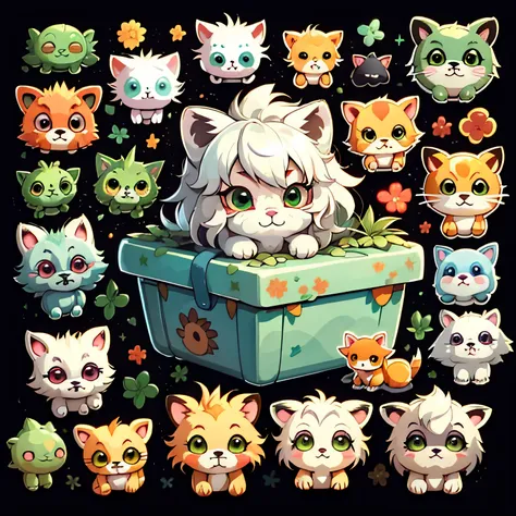 emoticon pack，little lion\（organism\），face，simple backgound，cartoon cute，green eyes，silver-white hair