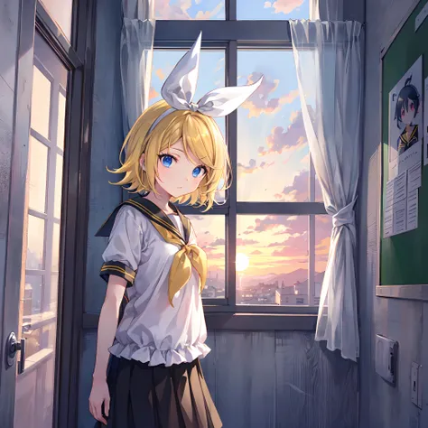 Kagamine Rin , por rubio  , coletas 、ojos rojos、Hermosa chica sola、quimono、una minifalda、aula de escuela 、sentado en pupitre , luz de atardecer (entrando por la ventana , cortinas que se mueven un poco con el viento