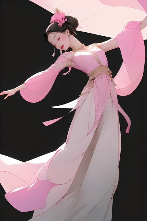 A girl, dressed in pink, dancing, hair, skirt, fluttering in a float.