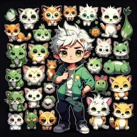 a sticker，Little lion（organism），Libido boy，simple backgound，Cartoon Cute，standing full-body，Green eyes，Silver-white hair