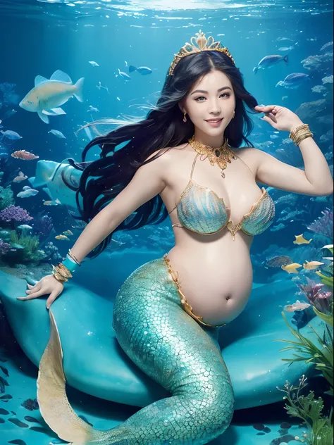 ((Photorealistic Little Mermaid,Mermaid tail,Pregnant,Arms are down,Gold-studded blue and purple scales,Blue and purple glowing scales,A dark-haired,Black hair,beautiful scaled tail,Sitting in a fantastic and special bed,Mermaid sitting on bed,Looking at t...