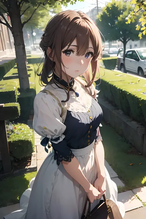 (vivid colors:1.2), (realistic:1.37), (best quality,highres), (portrait) of Violet Evergarden, a graceful young woman with (beautiful detailed eyes, soft gaze) and (long flowing hair). She is dressed in an elegant Victorian-style gown, adorned with delicat...