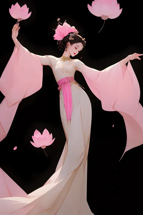 A girl, dressed in pink, dancing, hair, skirt, fluttering in a float.