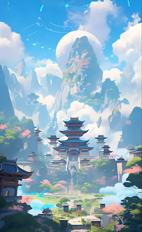 a digital painting of a landscape with mountains and trees in the background and a sky with clouds and a pagoda, Anton Fadeev, league of legends concept art, a detailed matte painting, fantasy art