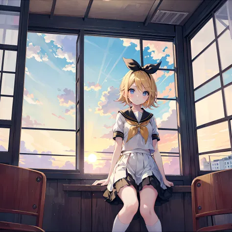 Kagamine Rin , por rubio  , coletas 、ojos rojos、Hermosa chica sola、quimono、una minifalda、aula de escuela 、sentado en pupitre , luz de atardecer (entrando por la ventana , cortinas que se mueven un poco con el viento