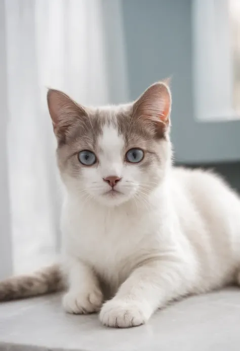 Imagine um gatinho do resto achatadinho, cor cinza, olhos azuis, Hes lying on a white pottery.