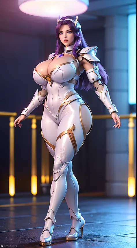 (1GIRL, ALONE, SOLO), (super detailed face), (red hair: 0.8), (Dragon Horn Headwear: 1), (BIG BUTTOCKS, 11 LINE ABS, CLEAVAGE, HUGE FAKE BREASTS:1.5), (GOLD MECHA GUARD ARM:1.3), (WHITE SHINY MECHA CYBER ARMORED, PURPLE MECHA SKINTIGHT SUIT PANTS, MECHA GU...