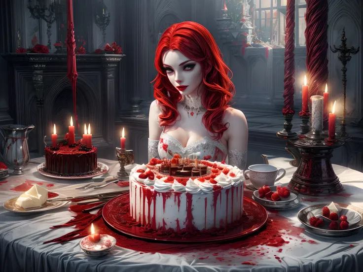 a 3D picture of extremely (beautiful female vampire: 1.4) looking at (red MasterChef style cake: 1.5), an exquisite beautiful vampire, ultra feminine ultra detailed face, red hair, short hair, pale skin, red lips, blue eyes, wearing sexy white seductive la...