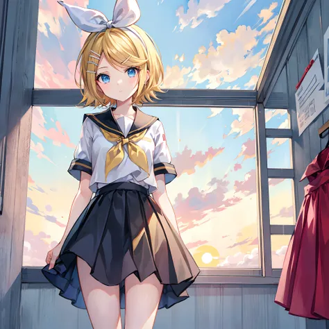 Kagamine Rin , por rubio  , coletas 、ojos rojos、Hermosa chica sola、quimono、una minifalda、aula de escuela 、sentado en pupitre , luz de atardecer (entrando por la ventana , cortinas que se mueven un poco con el viento