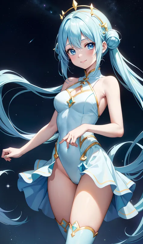 Super Idol　a beauty girl　A charming smile　sky blue hair　length hair　Facing straight ahead　Looking at the camera　Twin-tailed　Sparkling pale green and pale blue and white leotard outfit　Mystical　Fantasia　constellation　a moon　Crystal Brilliance　Aurora Boreali...