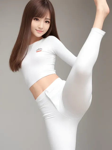 (Photorealsitic)(sixteen years old), Perfectly beautiful woman, (Full body 8K portrait), Large and dynamic hand and foot movements, White Karate Uniform, White karate pants, Large bust,Stand alone, Large and dynamic hand and foot movements, Make a high sid...