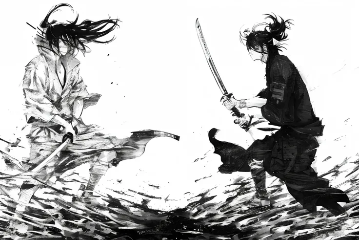 a drawing of two people with swords in a field, tsutomu nihei art, tsutomu nihei style, afro samurai manga style, yoshitaka amano and junji ito, from kenshin, black and white manga style, ink manga drawing, rurouni kenshin, black and white manga, tsutomu n...