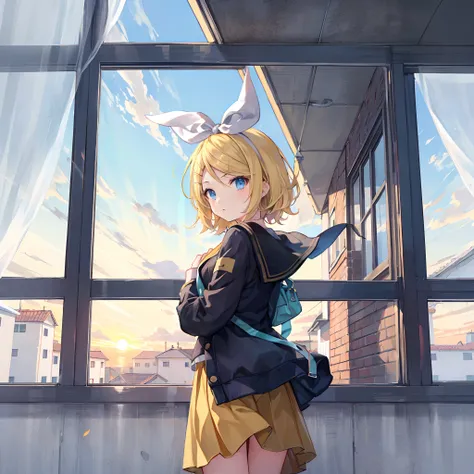 Kagamine Rin , por rubio  , coletas 、ojos rojos、Hermosa chica sola、quimono、una minifalda、aula de escuela 、sentado en pupitre , luz de atardecer (entrando por la ventana , cortinas que se mueven un poco con el viento