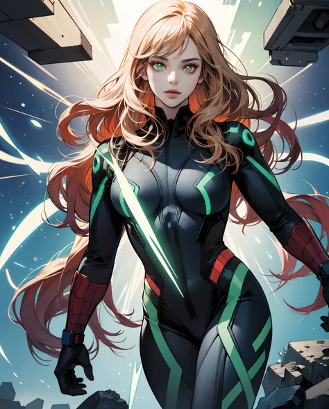 Marvel Comic Art Style, White female teenager, green glowing eyes, long strawberry blonde hair, black suit, marvel comic panel