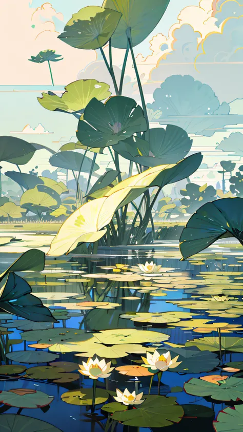 Poster design，There is a pond nearby，The wind blows gently through the pond，There are lotus leaves in the pond，The lotus leaf will not be so high，The sky is blue，Beautiful big clouds，Dragonflies fly in the sky