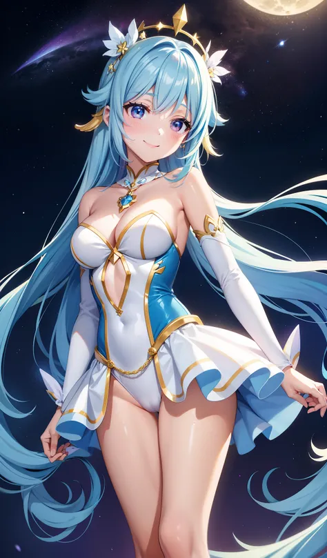 Super Idol　a beauty girl　A charming smile　sky blue hair　length hair　Facing straight ahead　Twin-tailed　Glittering pink and white、Blue and yellow leotard costume　Mystical　Fantasia　constellation　a moon　Crystal Brilliance　Aurora Borealis in the Night Sky