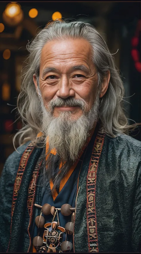 an old man，wearing a monk's robe，face to the camera，the expression is kind