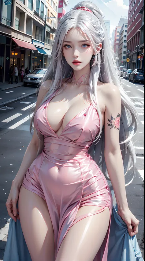 photorealistic, high resolution, 1women, shining skin, solo, tattoo, jewelry, pink lips, long white hair, blue eyes, closed mouth, street wear, hips up, red dress, elegant dress