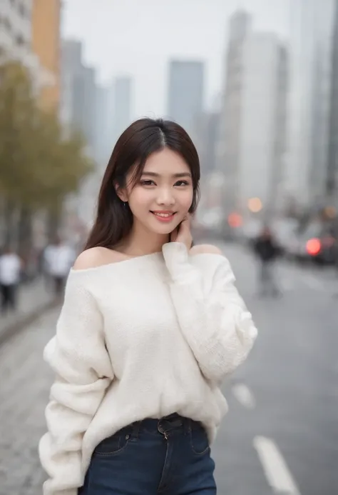 Upper body, huge tit，wearing a white sweater, Roadside in the big city， A big smile, Left-arm watch，Black hair was tied back for a long time, with big eyes and very beautiful，A Japanese Lady