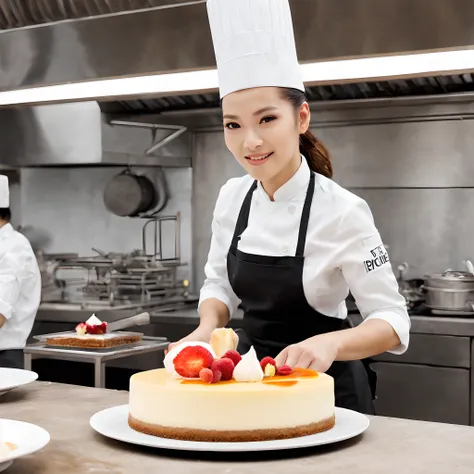 Pastry chef baking cheesecake、Female Pastry Chef、bionde、２０generation、kitchens、