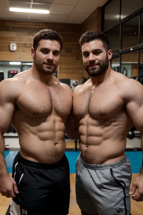 Two much bulkier, corpulent but muscled, and hairier 30-year-old men standing next to each other in a gym filled with workout machines. One man has a very hairy chest, and the other is shirtless. They are both smiling at the camera, looking extremely sweat...