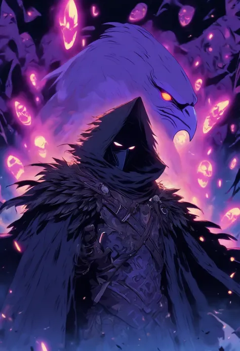 A white mask appears over a cloak of raven feathers that completely conceals his body. This guy is holding a heavy crossbow and his eyes are yellow, contrasting with the night around him. He remains hidden in the shadows. He dresses completely in black and...