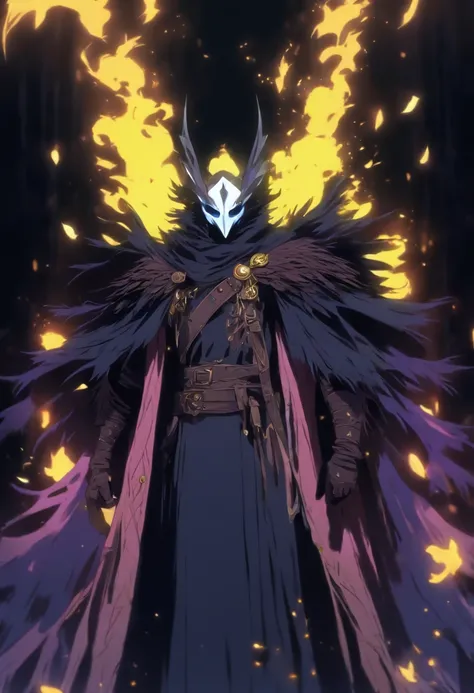 A white mask appears over a cloak of raven feathers that completely conceals his body. This guy is holding a heavy crossbow and his eyes are yellow, contrasting with the night around him. He remains hidden in the shadows. He dresses completely in black and...