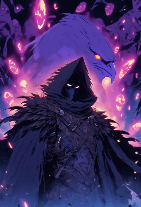 A white mask appears over a cloak of raven feathers that completely conceals his body. This guy is holding a heavy crossbow and his eyes are yellow, contrasting with the night around him. He remains hidden in the shadows. He dresses completely in black and...