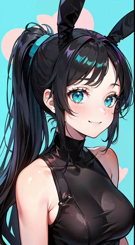 Adult woman, Long black hair, high ponytail, bunny ears, turquoise eyes, Black tight top, ssmile, Masterpiece, hiquality