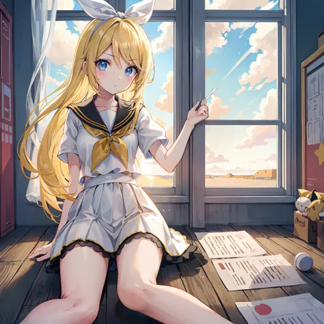 Kagamine Rin , por rubio  , coletas 、ojos rojos、Hermosa chica sola、quimono、una minifalda、aula de escuela 、sentado en pupitre , luz de atardecer (entrando por la ventana , cortinas que se mueven un poco con el viento