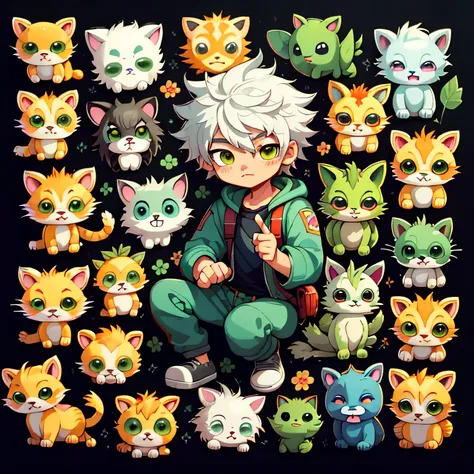 Emoticon pack，Little lion（organism），Libido boy，simple backgound，Cartoon Cute，full bodyesbian，Green eyes，Silver-white hair