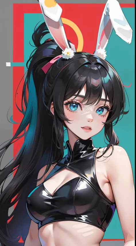 Adult woman, Long black hair, high ponytail, bunny ears, turquoise eyes, Black tight top, ssmile, Masterpiece, hiquality