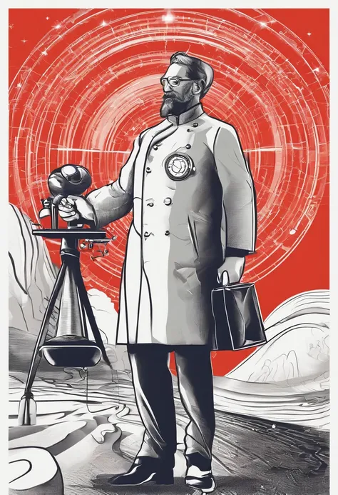 A scientist in a scientific coat turned his back to us，looking at the stars，hard core，Technologie，Red monochrome,USSR Poster,urss,communism