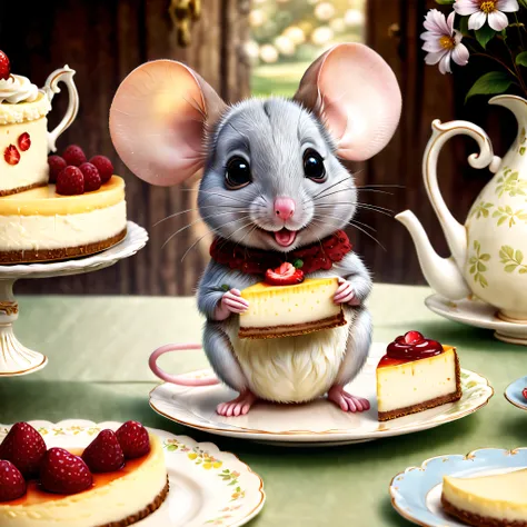 "Cheesecake Chronicles: The Mouses Delight" - A charming illustration showcasing an adorable mouse joyfully holding a luscious, irresistible slice of cheesecake in a quaint tea party setting.