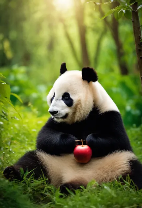 A chubby giant panda，Sit on grass，Holding a red apple，Panda flowers，Clean hair，The hair is very white，hairy pubic, Chubby body,, Clean the fur,Delicate real hair，Photographic style， in bamboo forest, Sunny, great weather, warm, cheerfulness, 35mm lens, kod...