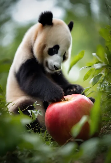 A chubby giant panda，Sit on grass，Holding a red apple，Panda flowers，Clean hair，The hair is very white，hairy pubic, Chubby body,, Clean the fur,Delicate real hair，Photographic style， in bamboo forest, Sunny, great weather, warm, cheerfulness, 35mm lens, kod...